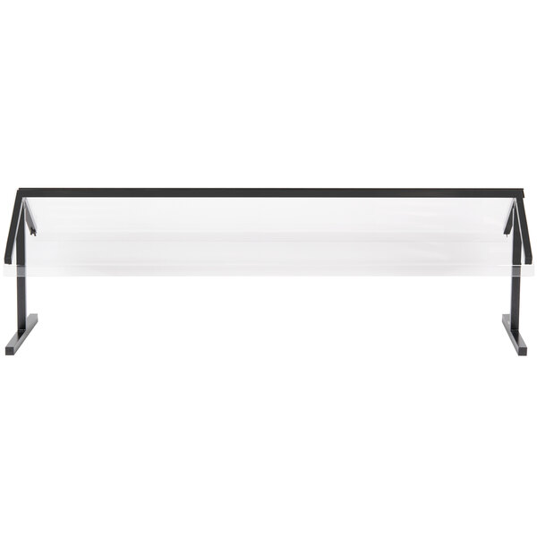 A black metal shelf with clear plastic and black metal rails.