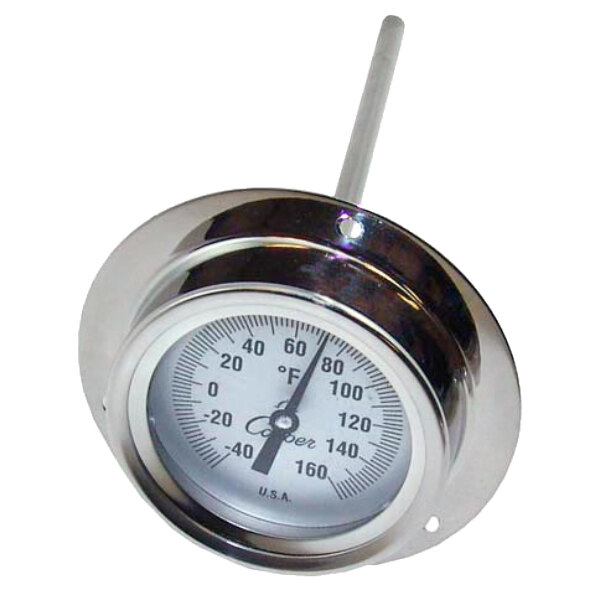 A close-up of an All Points 2" recessed dial thermometer with a 6" stem probe.