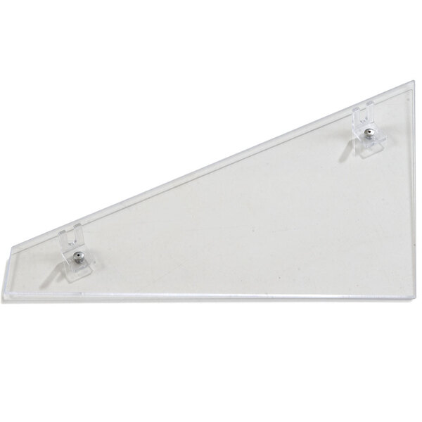 A clear plastic triangle with two metal clips.