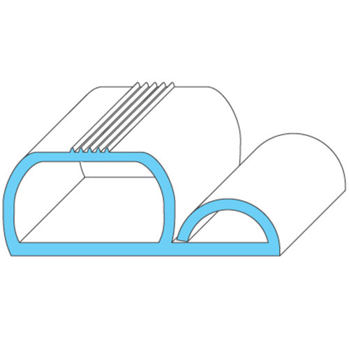 A blue and white line drawing of a curved rubber strip.