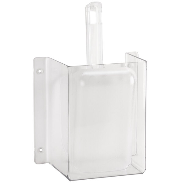 A Cal-Mil clear plastic wall mount container with a handle and a scoop inside.