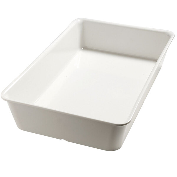 A white rectangular Carlisle display food pan with a lid.