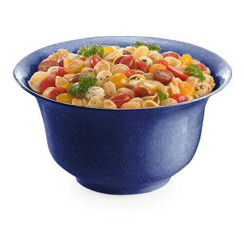 A Tablecraft blue speckle bowl filled with pasta, tomatoes, and parsley.