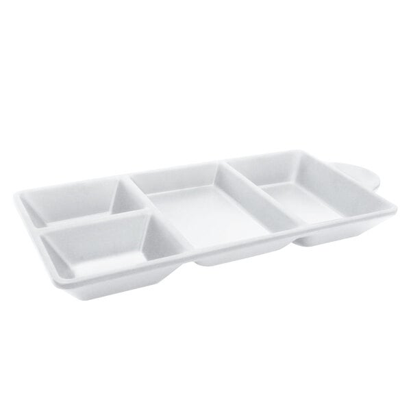 A white rectangular Elite Global Solutions melamine tray with four compartments.
