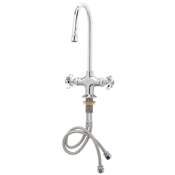 A T&S chrome deck mounted laboratory faucet with flex inlets and gooseneck spout.