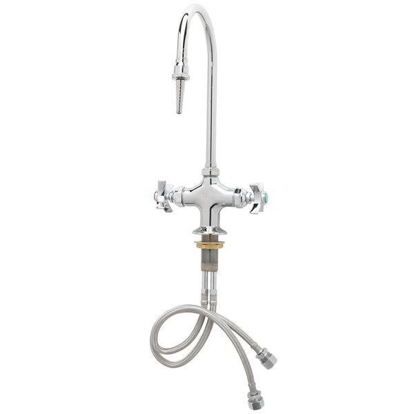 A silver T&S deck mounted laboratory faucet with flex inlets and a swivel gooseneck nozzle.