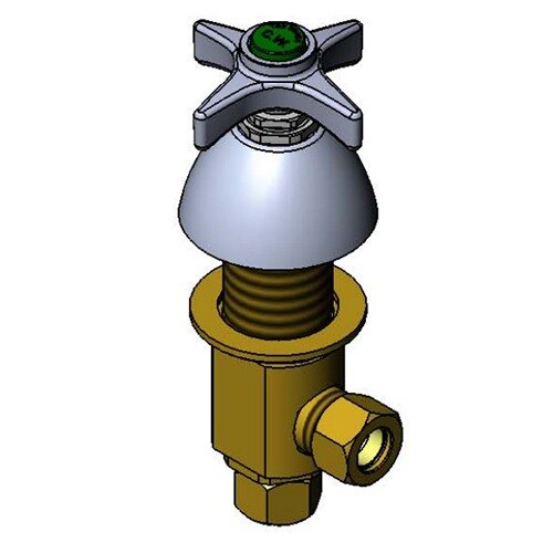 A close-up of a T&S concealed deck valve with a green button on a metal object.