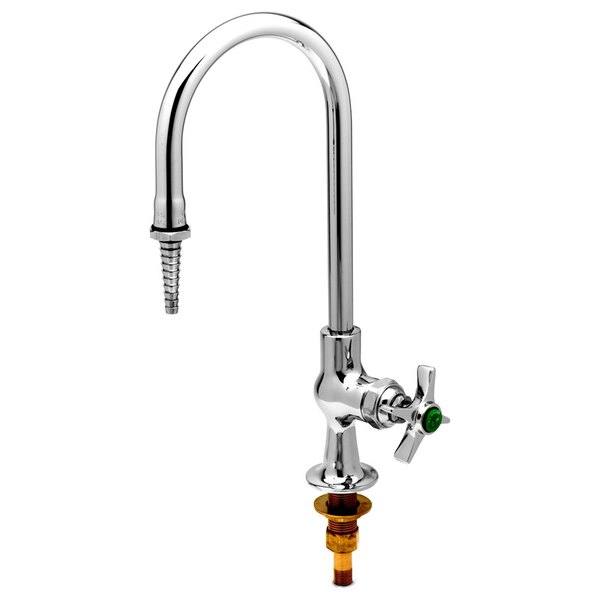 A silver T&S laboratory faucet with green arm handles.