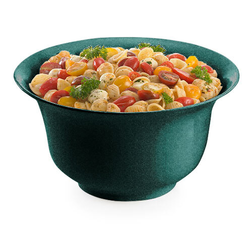 A Tablecraft hunter green tulip salad bowl filled with pasta, tomatoes, and parsley.