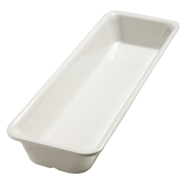 A white rectangular Carlisle Balsam display food pan with a lid.