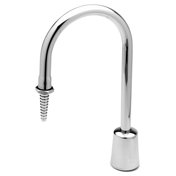 A T&S chrome laboratory gooseneck turret with a stainless steel serrated hose end.