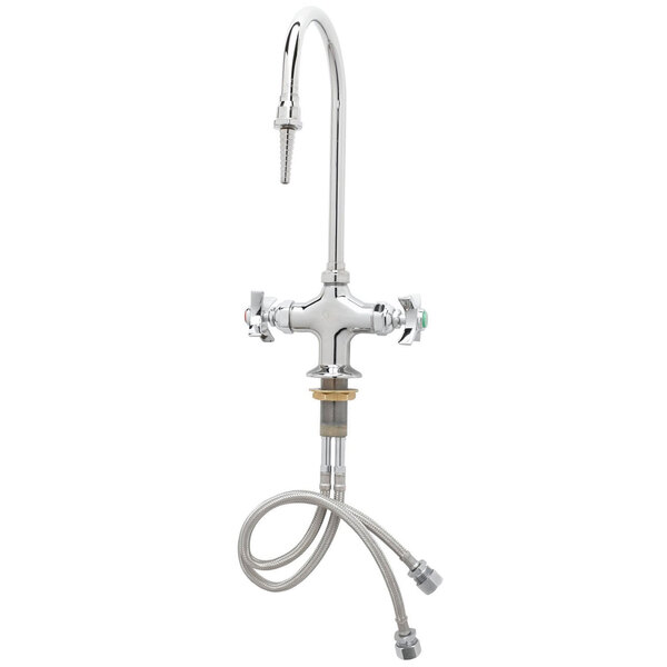 A silver T&S deck mounted laboratory faucet with flex inlets and 4-arm handles.