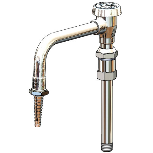 A chrome T&S swing nozzle with a serrated tip and vacuum breaker.