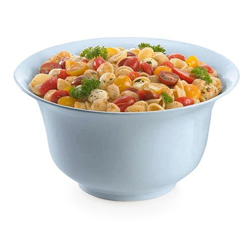 A Tablecraft gray cast aluminum tulip salad bowl filled with pasta, tomatoes, and parsley.