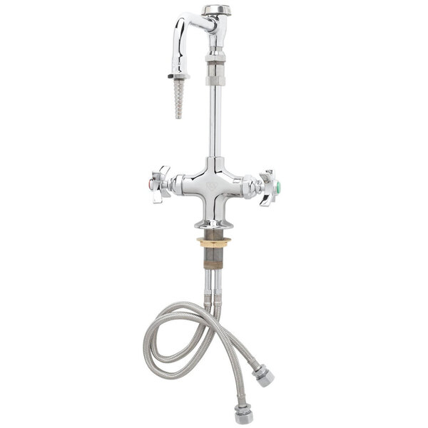 A chrome T&S deck mounted laboratory faucet with flex inlets and 4-arm handles.
