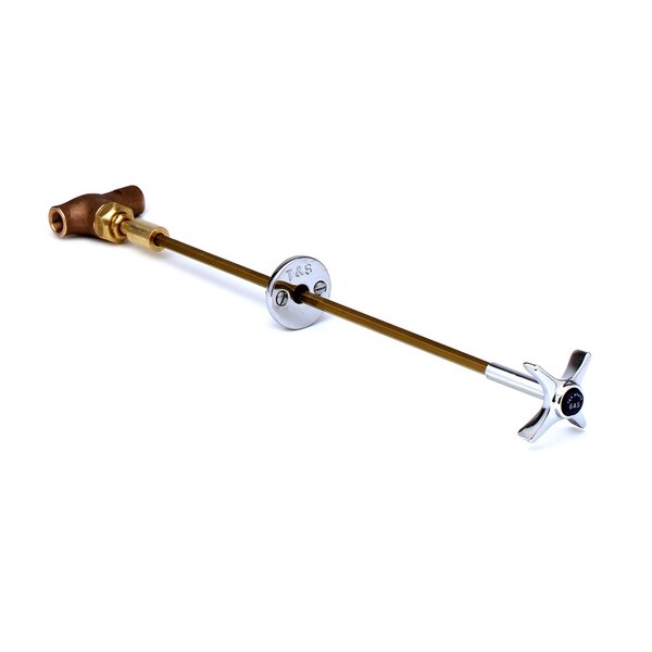 A T&S brass remote control steam valve with a heat resistant metal handle and 18" metal control rod.