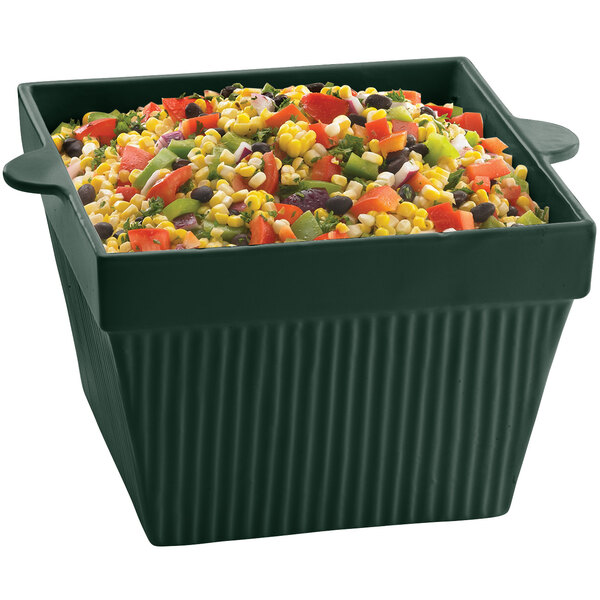 A Tablecraft hunter green square bowl filled with corn and vegetables.