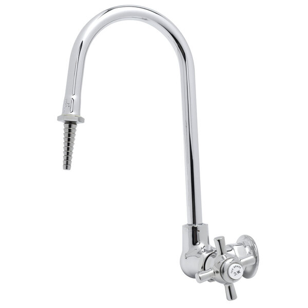 A T&S chrome lab faucet with a single arm handle and rigid gooseneck spout.