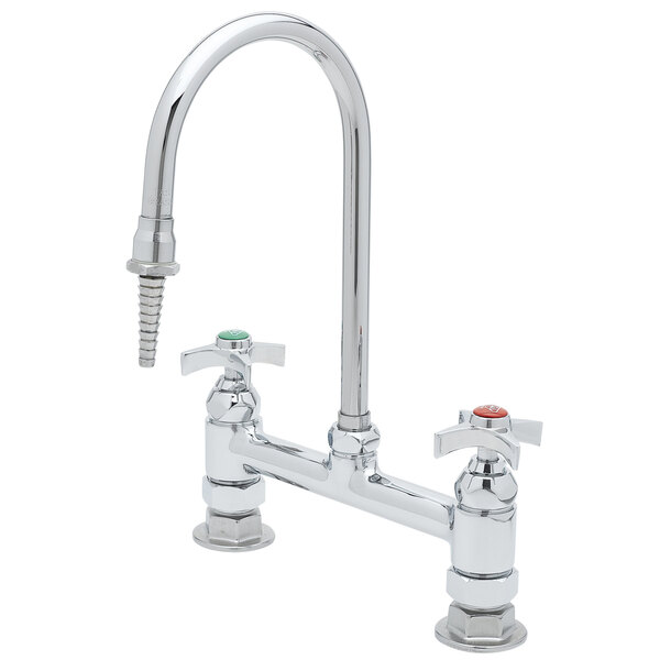 A T&S chrome deck mount laboratory faucet with 4 arm handles.