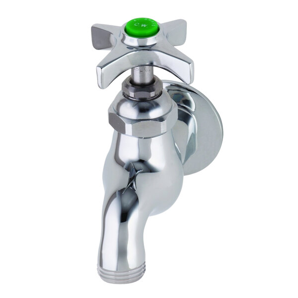 A T&S chrome laboratory faucet with a green 4-arm handle.