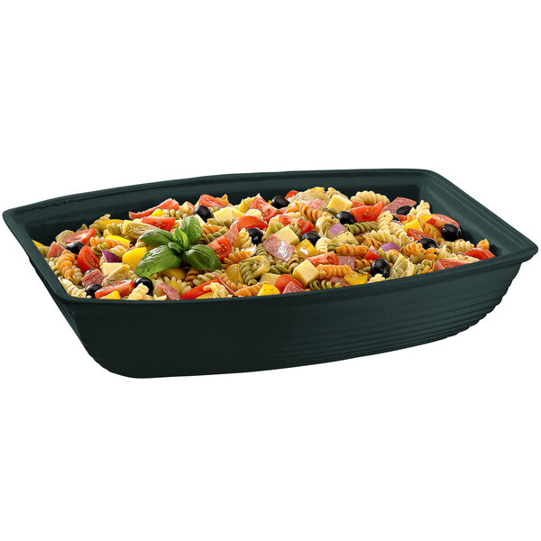A Tablecraft black cast aluminum salad bowl with pasta, vegetables, and cheese.