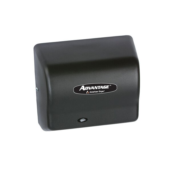 An American Dryer automatic hand dryer with a black steel cover.