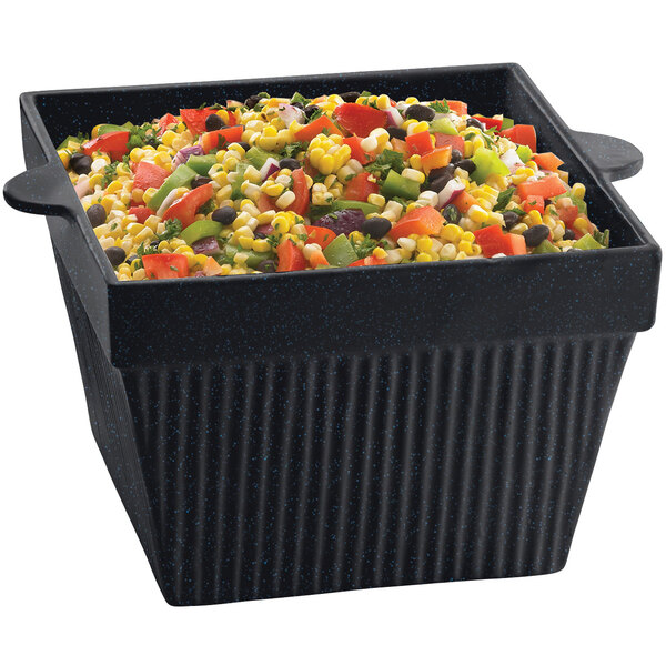 A Tablecraft Midnight with Blue Speckle square bowl filled with vegetables and corn.
