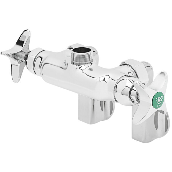 A chrome faucet with a green handle.