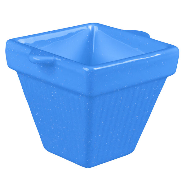 A Tablecraft blue square cast aluminum condiment bowl with a handle.