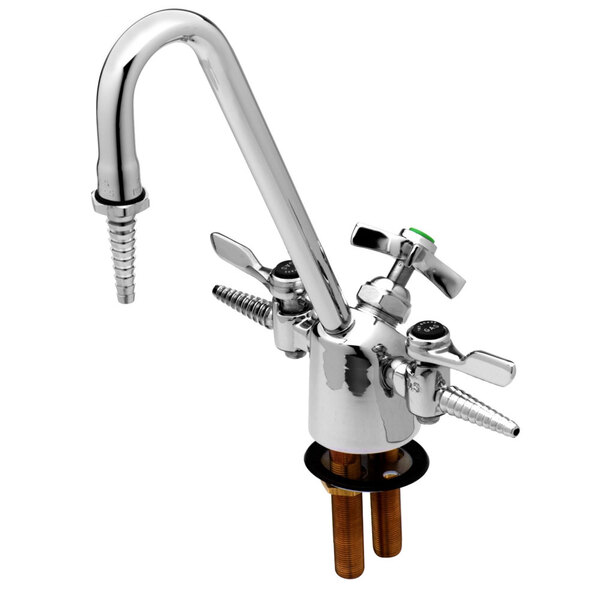 A close-up of a silver T&S deck mount laboratory faucet with a gooseneck spout, serrated tip, and 4 arm handle.