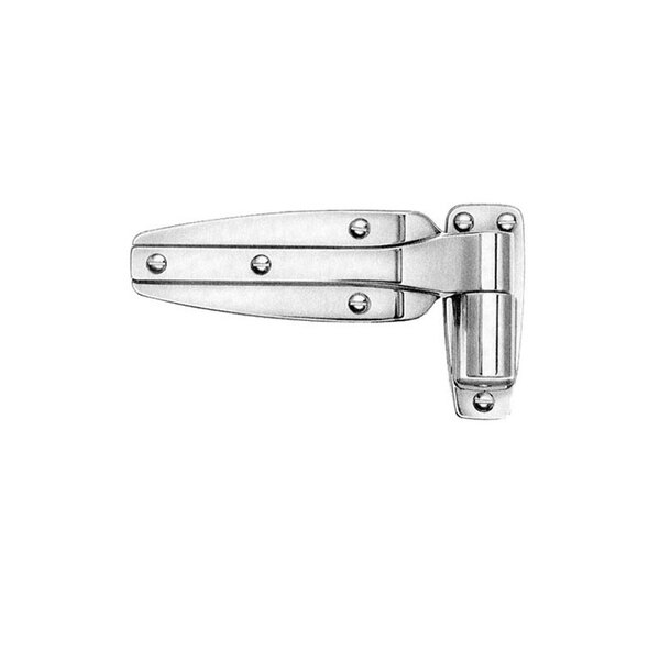 A polished chrome Kason 1245 reversible door hinge with screws.
