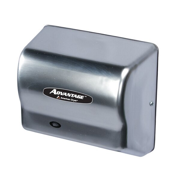 An American Dryer automatic hand dryer with a stainless steel cover.
