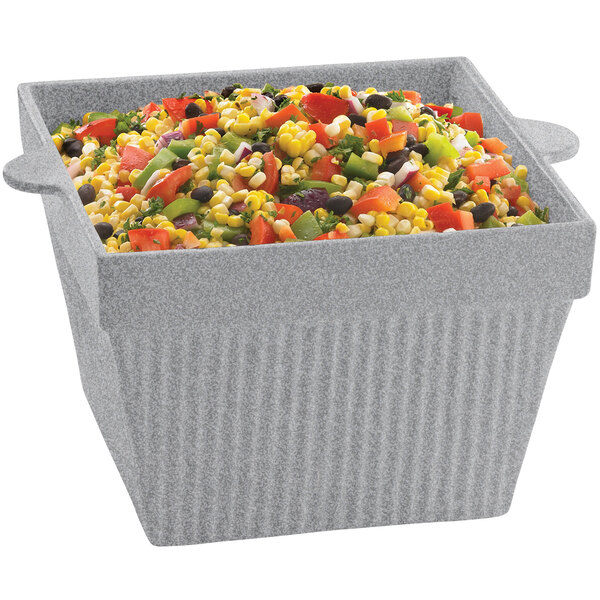 A Tablecraft granite square bowl filled with salad and vegetables.