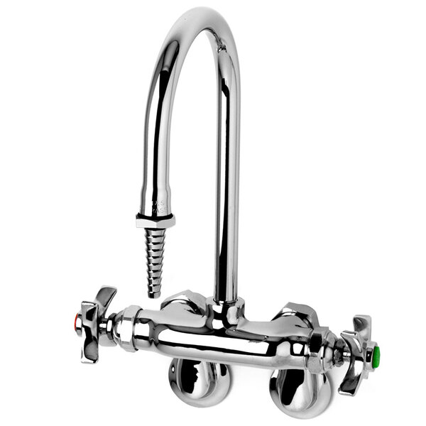 A silver T&S wall mount faucet with 4 arm handles and a serrated tip.