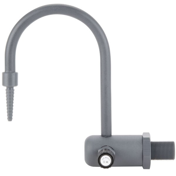 A grey T&S water faucet with a white knob.