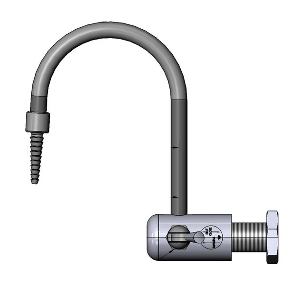 A drawing of a curved metal T&S PVC wall mount faucet with a serrated tip.