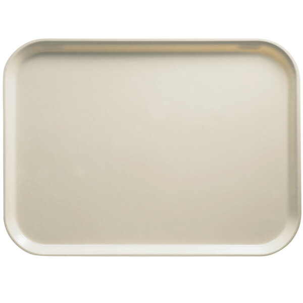 A white rectangular fiberglass Cambro tray with a silver edge.