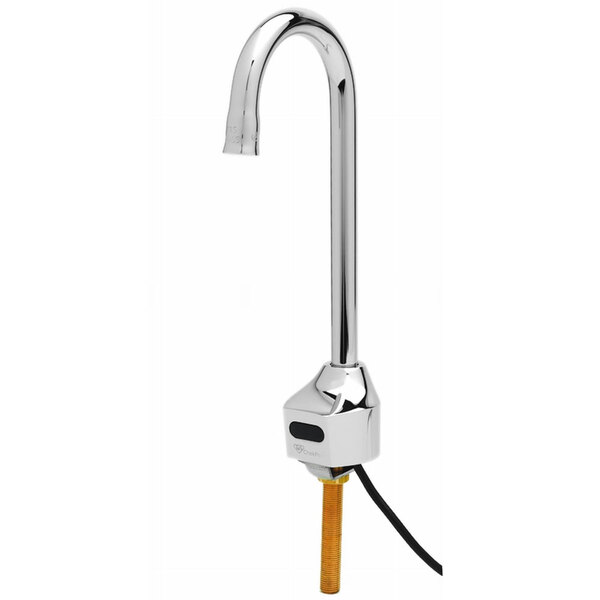 A close-up of a chrome T&S hands-free sensor faucet with a yellow temperature control handle.