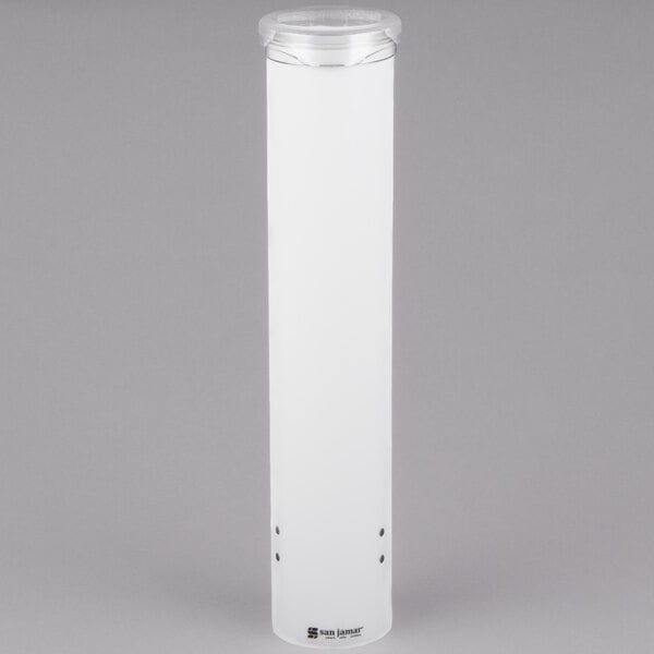 A white cylindrical San Jamar water cup dispenser with a clear lid.