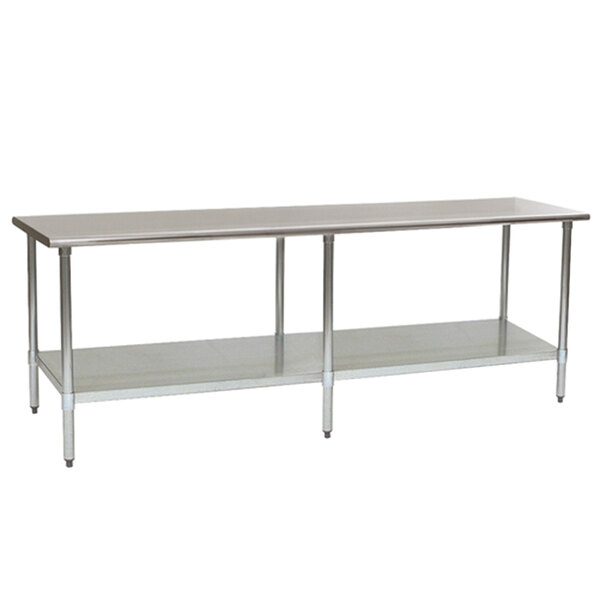 A stainless steel Eagle Group work table with a galvanized shelf underneath.