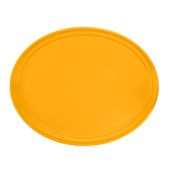 A yellow oval Cambro tray with a black line on a white background.