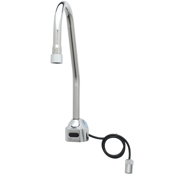 A T&S chrome wall mounted faucet with a gooseneck spout.