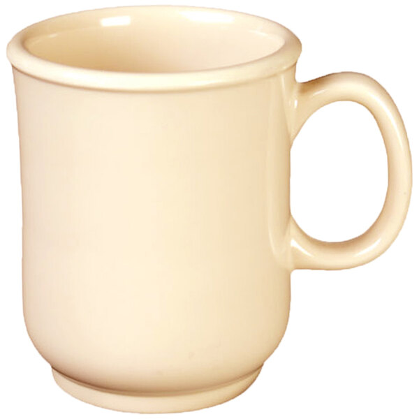 A close-up of a white Thunder Group melamine mug with a handle.