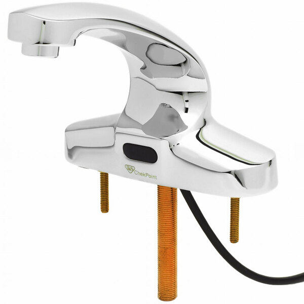 A T&S chrome brass hands-free sensor faucet with an orange laminar flow device.