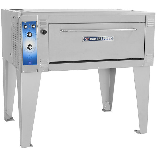 A silver Bakers Pride single deck electric roast oven with blue doors and a handle.