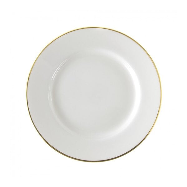 A white porcelain luncheon plate with a gold rim.