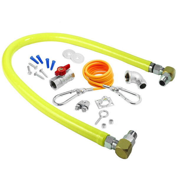 A yellow T&S gas connector hose with various parts including swivel link fittings and a ball valve.