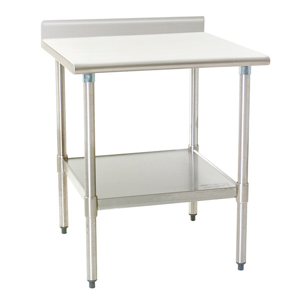 A white background with a stainless steel Eagle Group work table with a shelf on top.