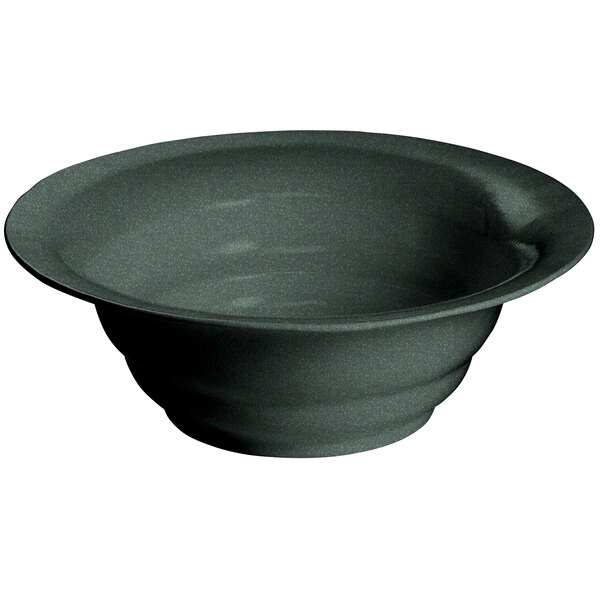 A Tablecraft black cast aluminum salad bowl with a wide rim speckled green.