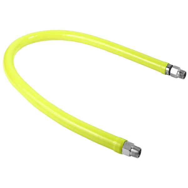A yellow flexible hose with silver metal 1" NPT male connectors with 90 degree elbows.